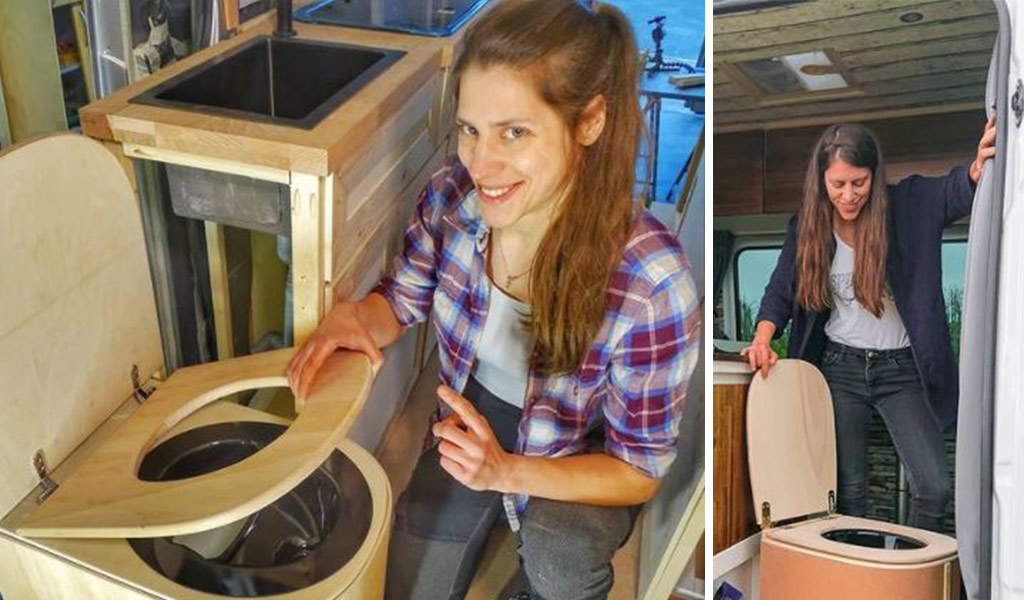 a woman next to her built-in toilet on the bus