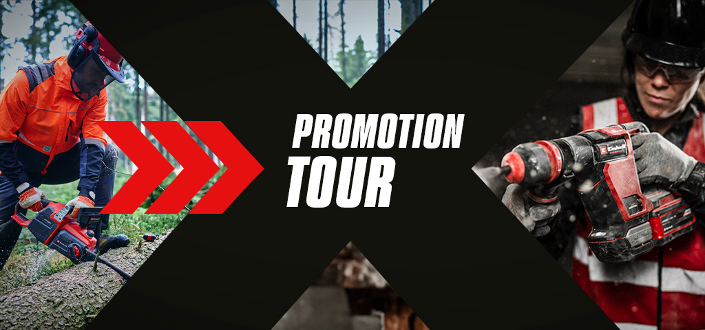 Ein Werbebanner zeigt Arbeiter in Sicherheitskleidung, die mit Einhell-Werkzeugen im Einsatz sind, begleitet vom Text "Promotion Tour".